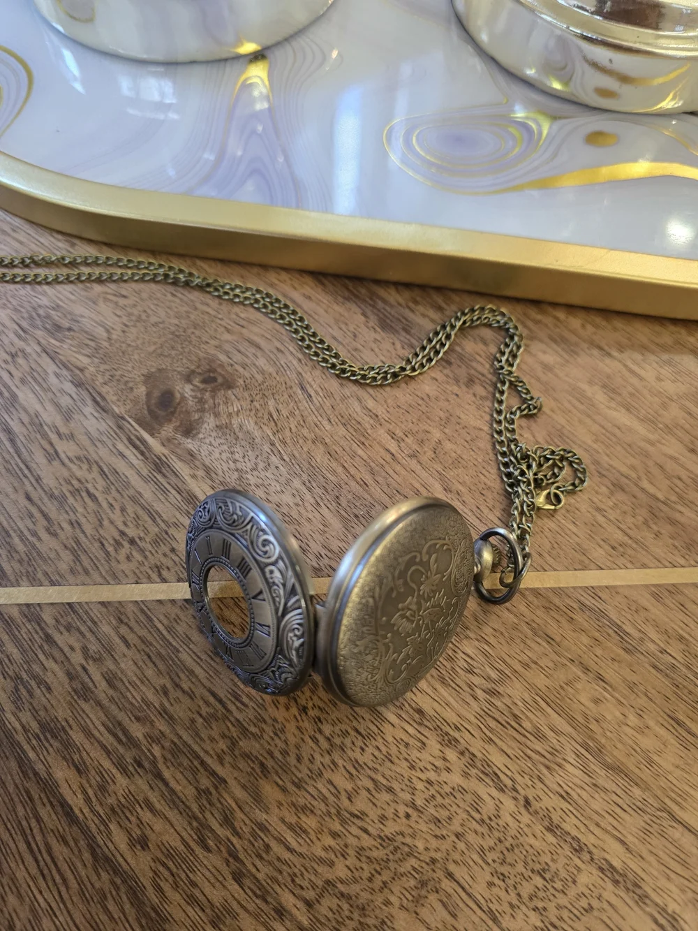 Antique-Style Brass Pocket Watch Necklace - Brass Tone